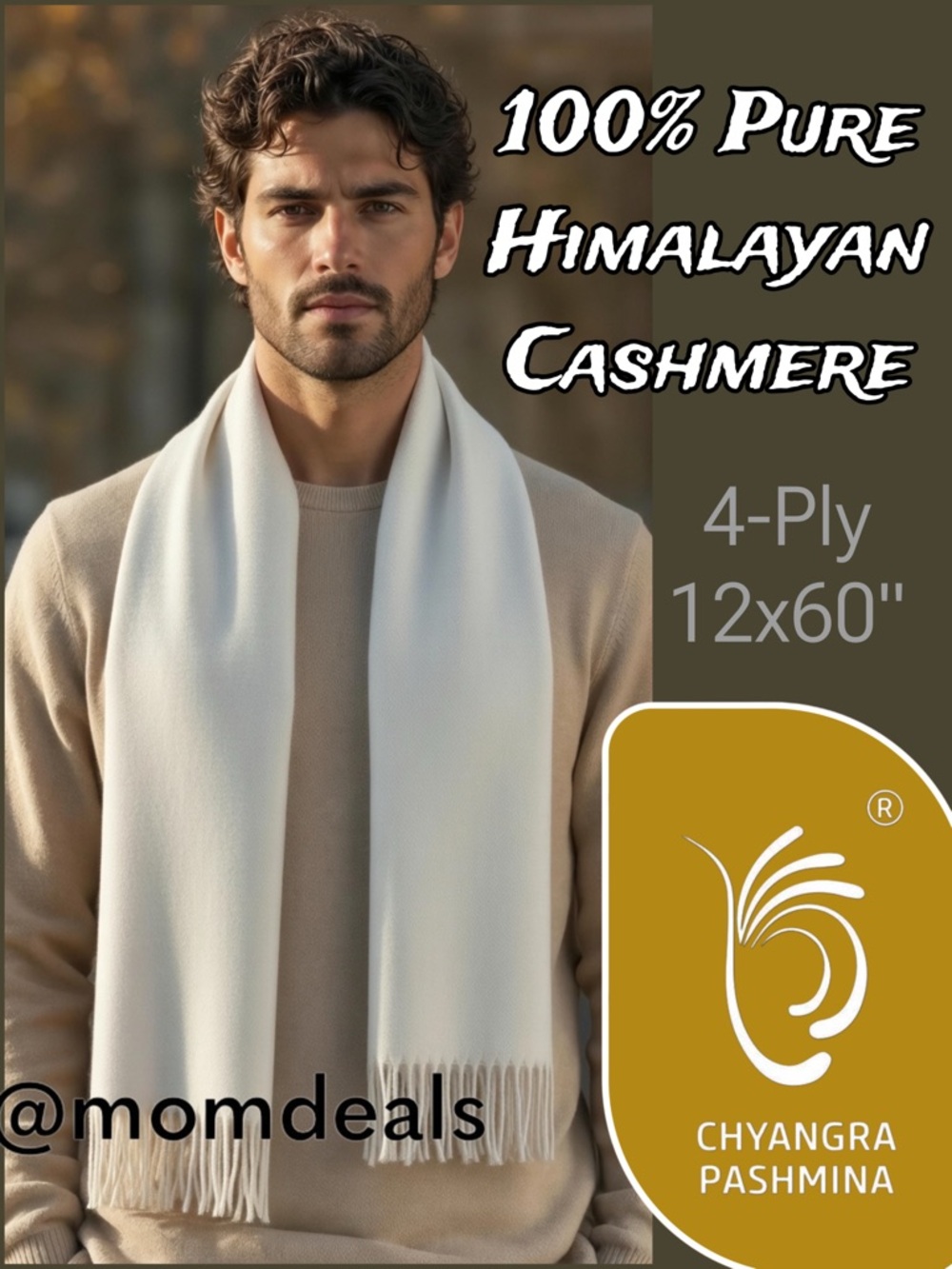 100% Pure 4-Ply Chyangra Pashmina Cashmere Scarf Handmade Nepal COA NWT - SAND